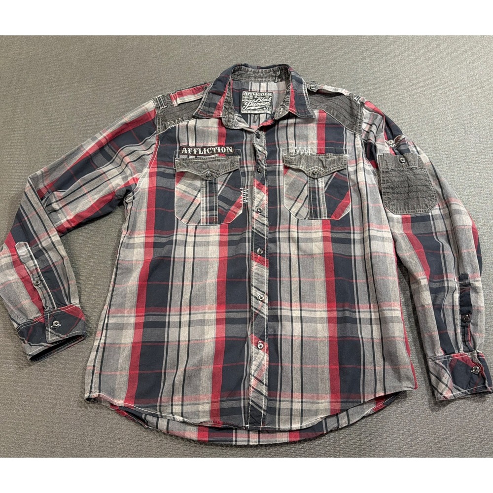 Affliction Black Premium Plaid Patches Long‎ Sleeve Shirt Men's Size XL